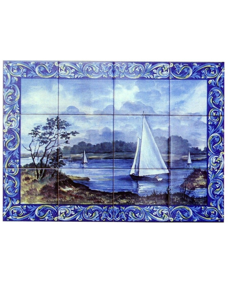 Tiles with the image of landscape with boats